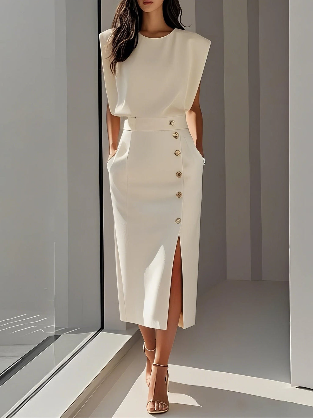 Robe midi décontractée sans manches fendue boutonnée d'été pour femme