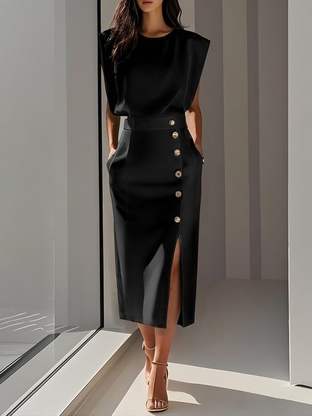 Women's Summer Split Dress With Buttons Casual Sleeveless Midi Dress Clothing